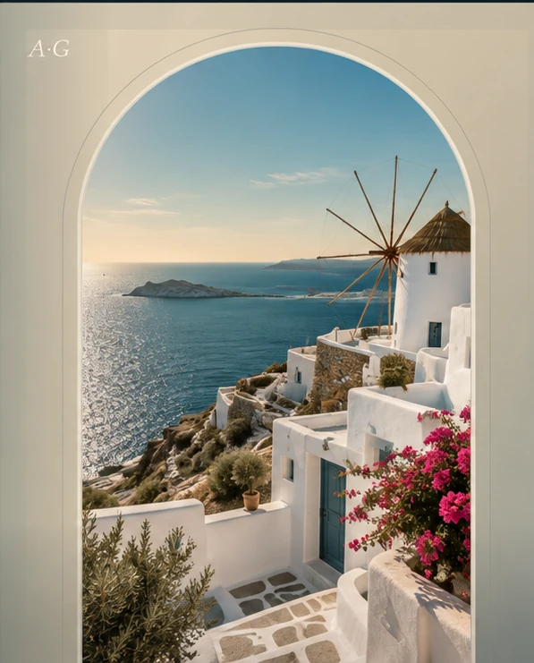 Photographic-style Mykonos seascape with Cycladic whitewashed buildings, a windmill and the Aegean Sea at golden hour